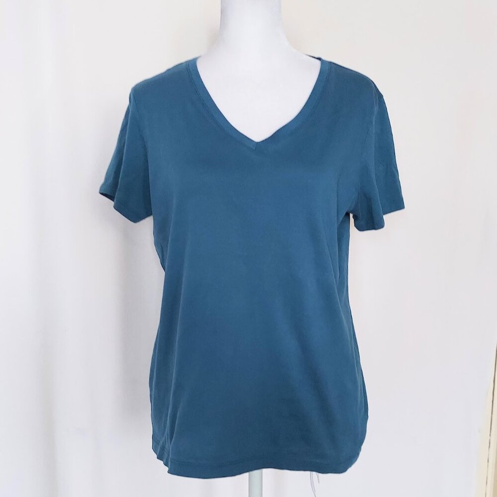 Lands' End Short Sleeve V Neck Cotton T Shirt Blue Green Size XS